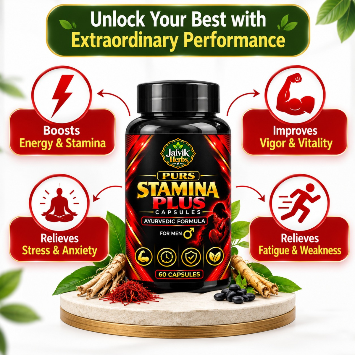 Jaivik Herbs Purs Stamina Plus Capsules – 60 Capsules | Ayurvedic Herbal Formula for Men