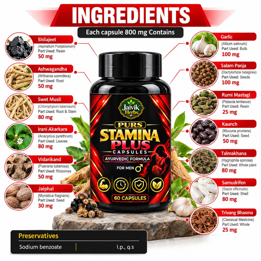 Jaivik Herbs Purs Stamina Plus Capsules – 60 Capsules | Ayurvedic Herbal Formula for Men